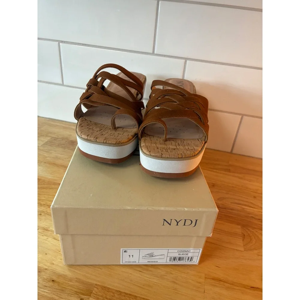 NYDJ Ressie Cognac Suede Strappy Wedge Sandals NF-RESSIE Platform Slides 11M